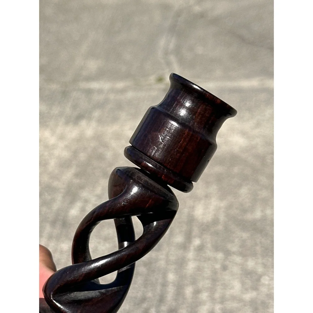 Vintage Hand Carved Wood Double Helix Spiral Candle Holders Pair Dark Brown 7